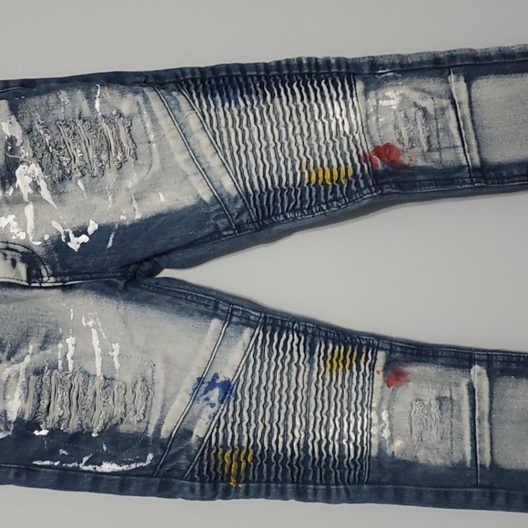 GS-115 Denim Jeans Boys Size 12 Blue Moto Paint Dye Splatter Artzy Art - Picture 4 of 13